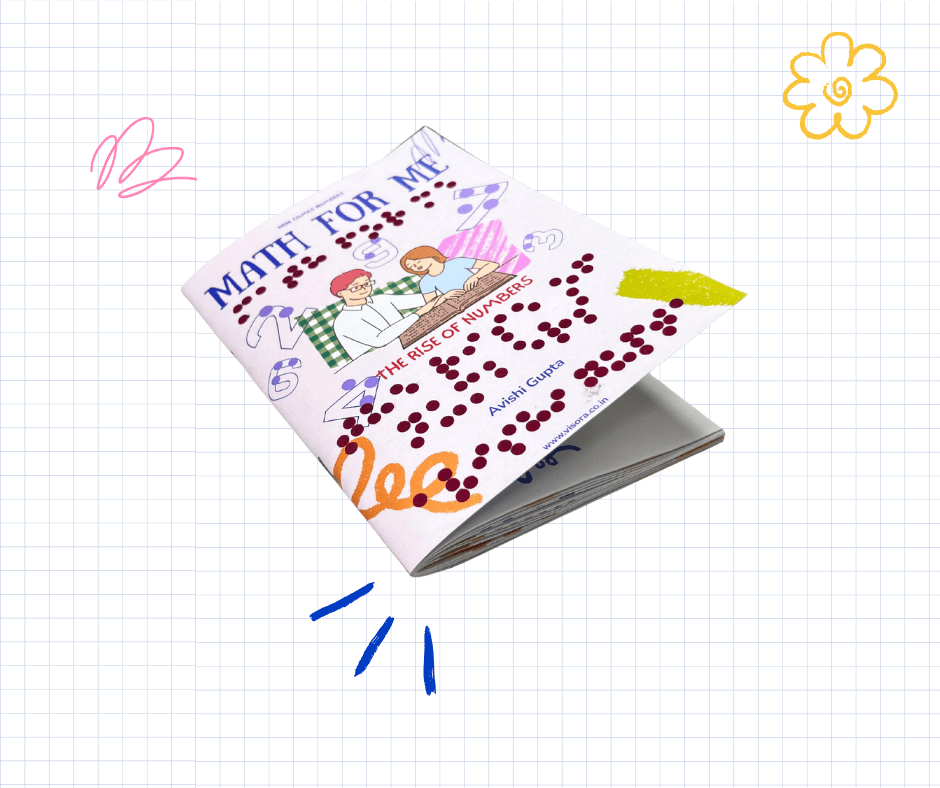 The Math for Me book open, its pages showing large-print numerals beside Nemeth Braille and rows of felt counter dots.