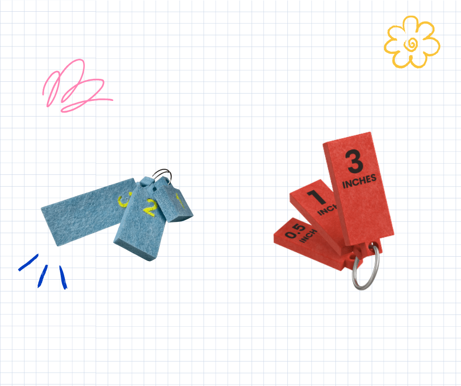 The MeasuTiles set: blue felt length tiles and a red tile marked 3 inches, joined on a metal ring.