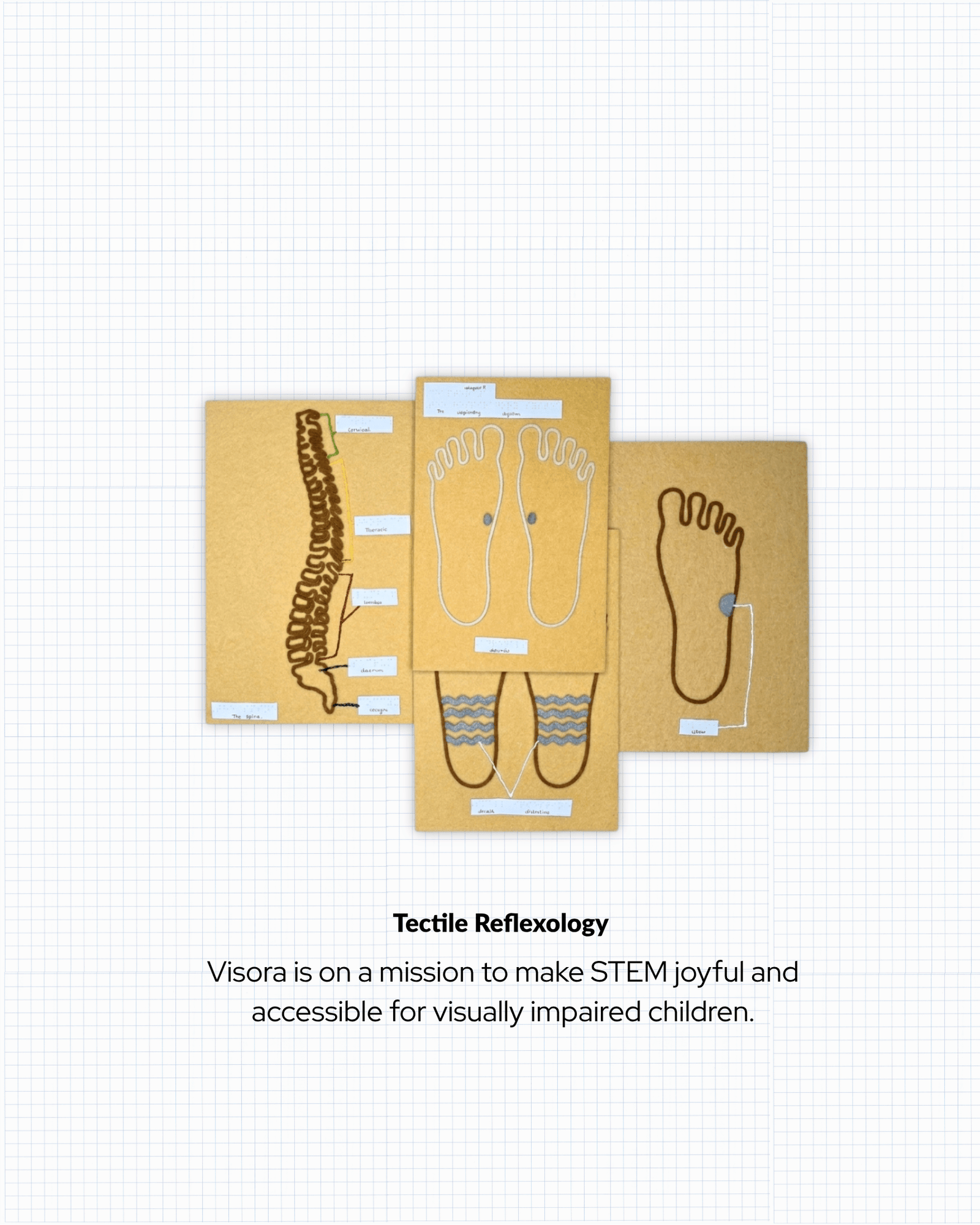Three Reflexology Kit placards overlapping: the spine, both soles of the feet, and a single foot, each a raised-relief outline with Braille labels beside every zone.
