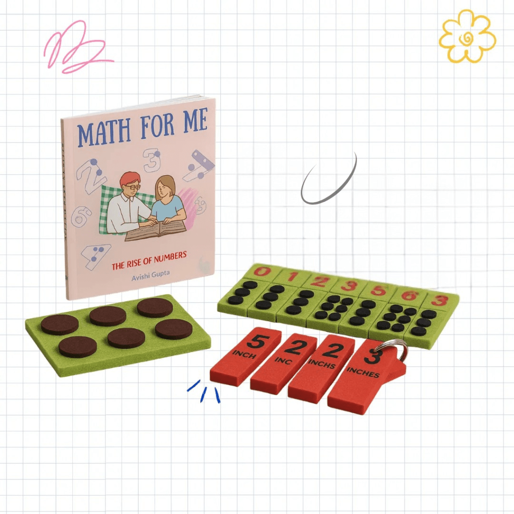 The Math Kit laid out: the Math for Me Braille book, a tactile abacus, Braille number tiles 0 to 9, and red measurement tiles marked in inches.